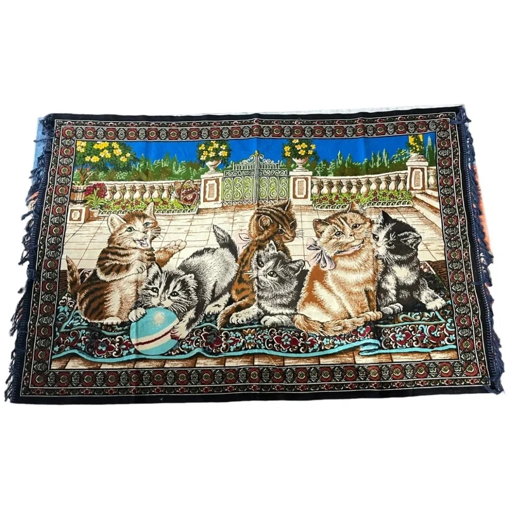 Tapestry Wall Hanging Made in Turkey 39 X 57 In Cotton Vtg Cats Playing Patio L